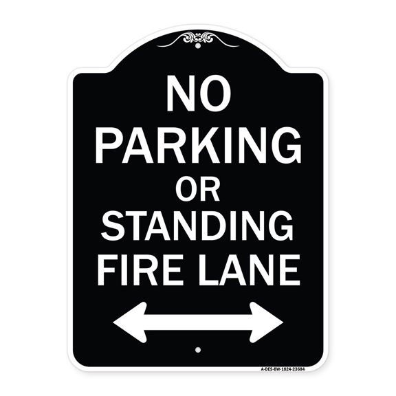 SignMission Designer Series Sign - No Parking or Standing Fire Lane (With Bidirectional Arrow) | Black & White 18" x 24" Heavy-Gauge Aluminum Architectural Sign | Made in the USA