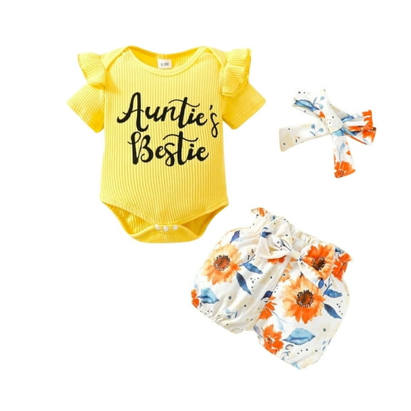 Toddler Girl Outfits Girls' Summer Short Sleeve Letter Flower Prints Romper Bodysuit Shorts Headbands Set New Born Clothes Baby Girl Yellow 9 Months-12 Months