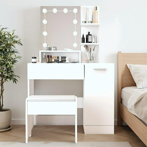 Vanity Set with Lighted Mirror, 3 - Color Lighting Modes, Ample Storage, Makeup Vanity Desk with Stool for Bedroom,White 02