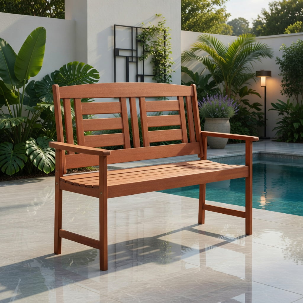 Hommoo Teak Outdoor Solid Wood Loveseat Bench, 2-Seat Patio Bench with Ergonomic 108° Backrest, Slatted Seat & Reinforced Crossbar for Garden, Balcony & Deck, Natural