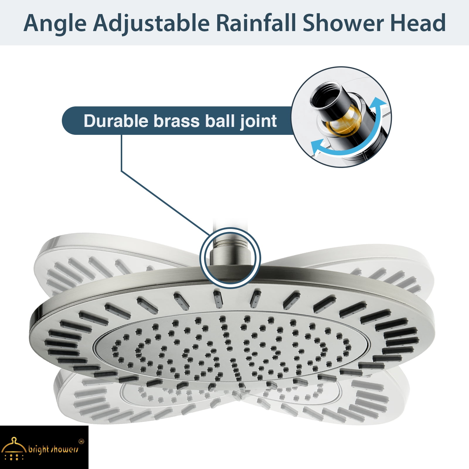 BRIGHT SHOWERS Rain Shower Head, 9 inch High Pressure Waterfall Showerhead with Adjustable Angle and Anti-clogging Silicone Nozzles, Luxury Bathroom Overhead Rainfall Shower Head, Brushed Nickel