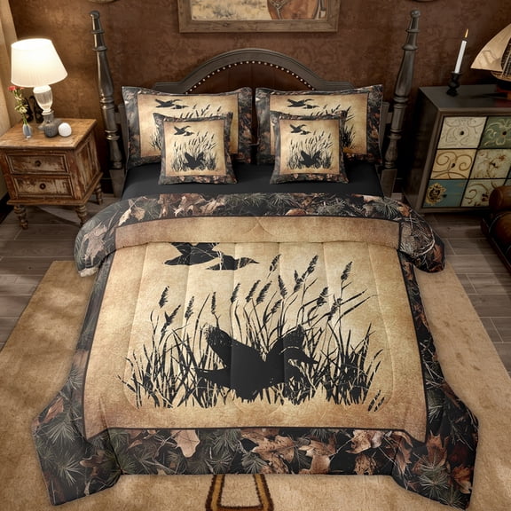 Camo Mallard Duck Bedding Set 7 Piece Rustic Cabin Full Comforter Set With Sheets Adults Men,Woodland Camouflage Hunting Duck Bed In A Bag Country Farmhouse Retro Bed Set
