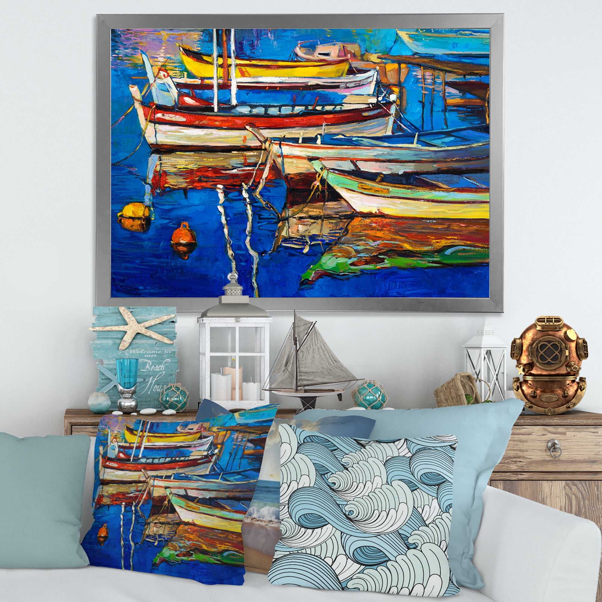 Designart 'Boats Near Coastal Town Resting On The Water II' Nautical & Coastal Framed Art Print
