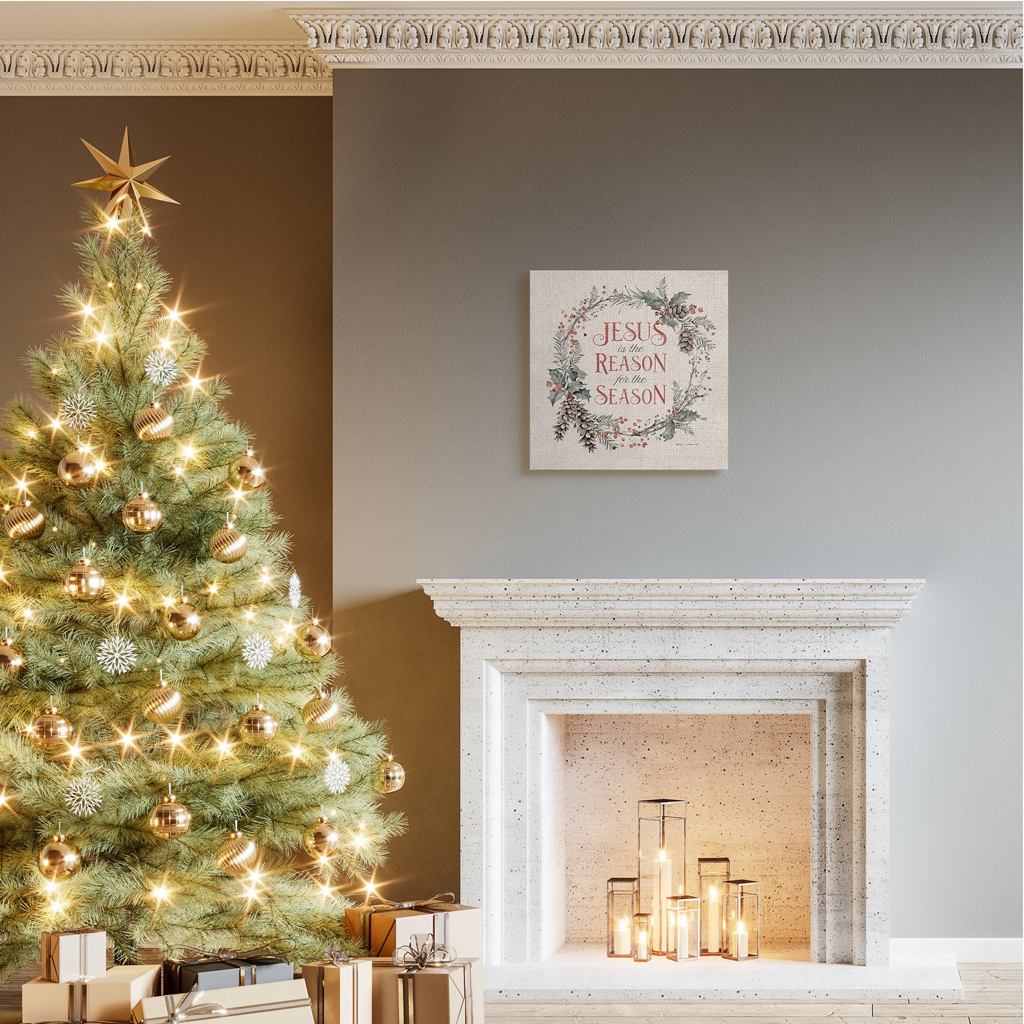 Stupell Industries Jesus Reason For Season Winter Holiday Wreath Religious Painting Gallery Wrapped Canvas Art Print Wall Art, 24 x 24