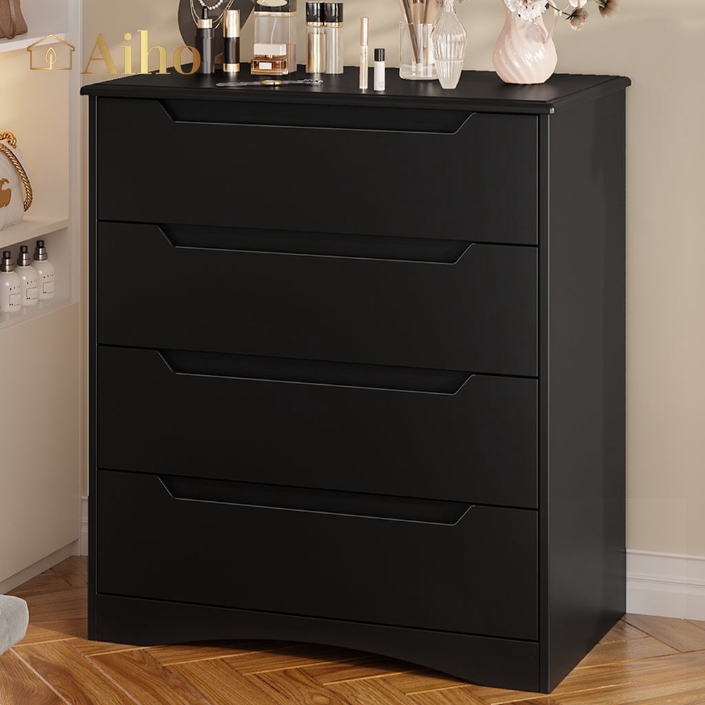 Aiho 4-Drawer Dresser for Bedroom, Wood Drawer Chest Storage Cabinet for Living Room, Hallway, Entryway, Home Office - Black