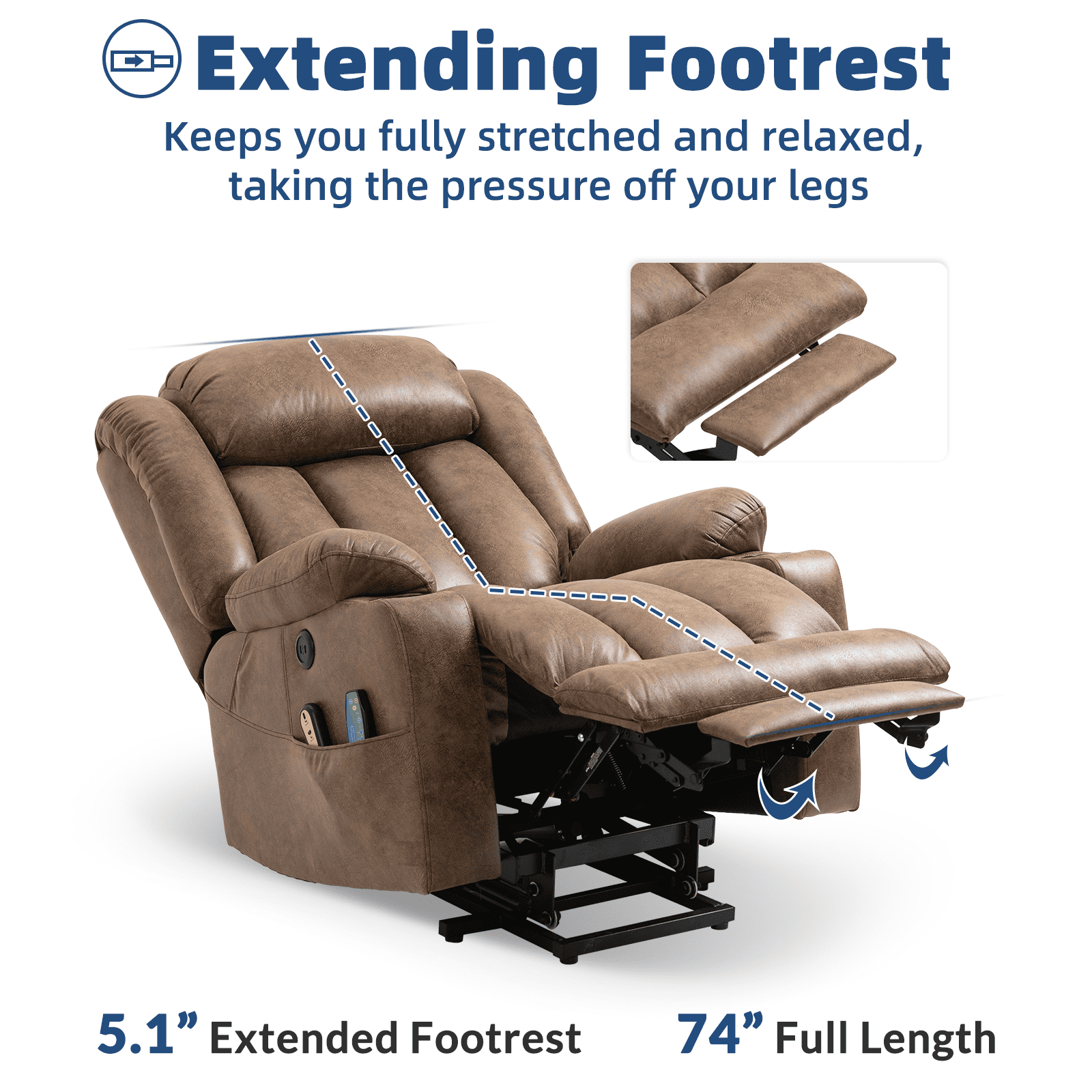 SOCIALCOMFY Large Electric Power Lift Recliner Chair with Extended Footrest for Elderly Big Man, Overstuffed Wide Massage Lounge Chairs with Heat, 2 Cup Holders, Side Pockets & USB Ports, Brown