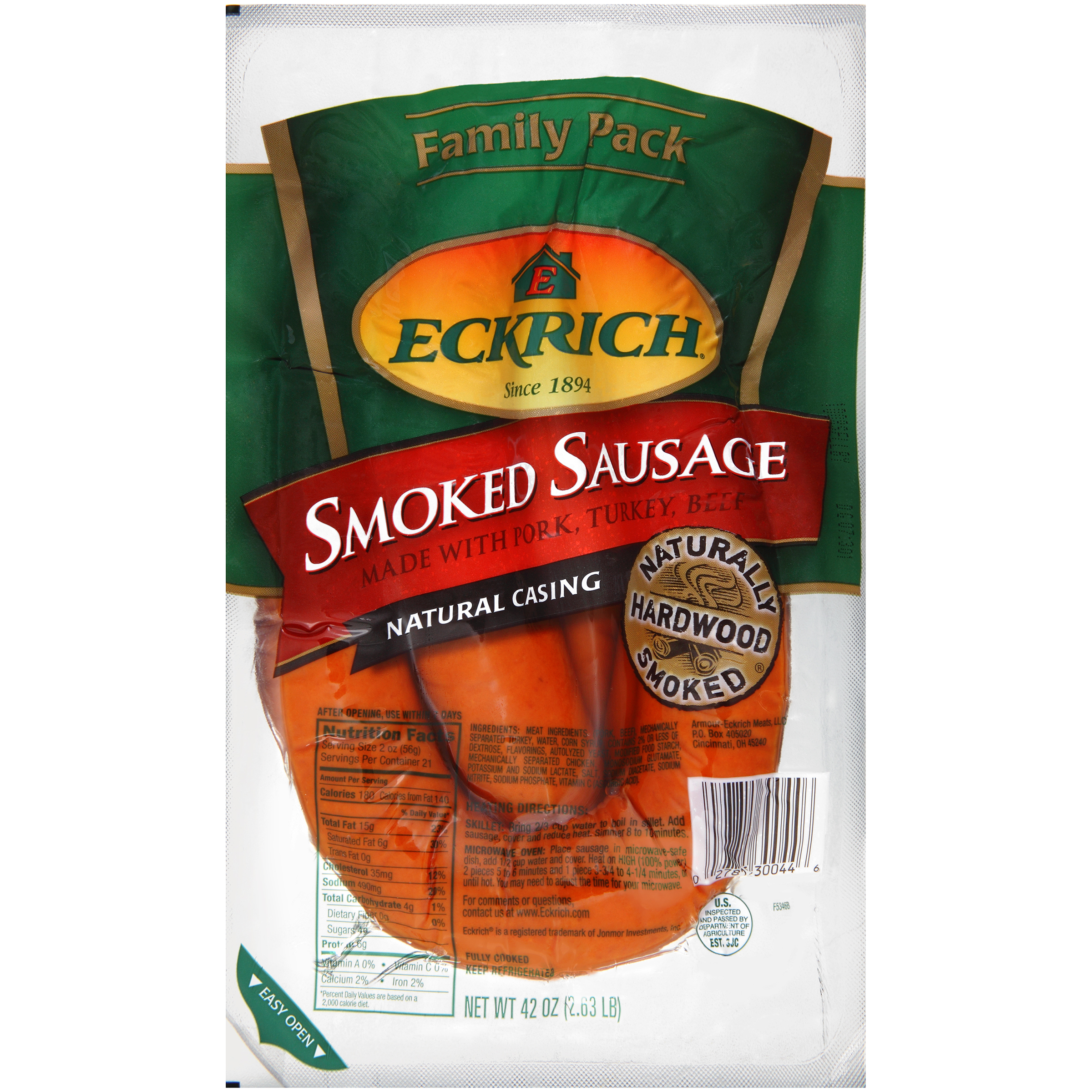 Eckrich Natural Casing Smoked Sausage, 2.4375 lb