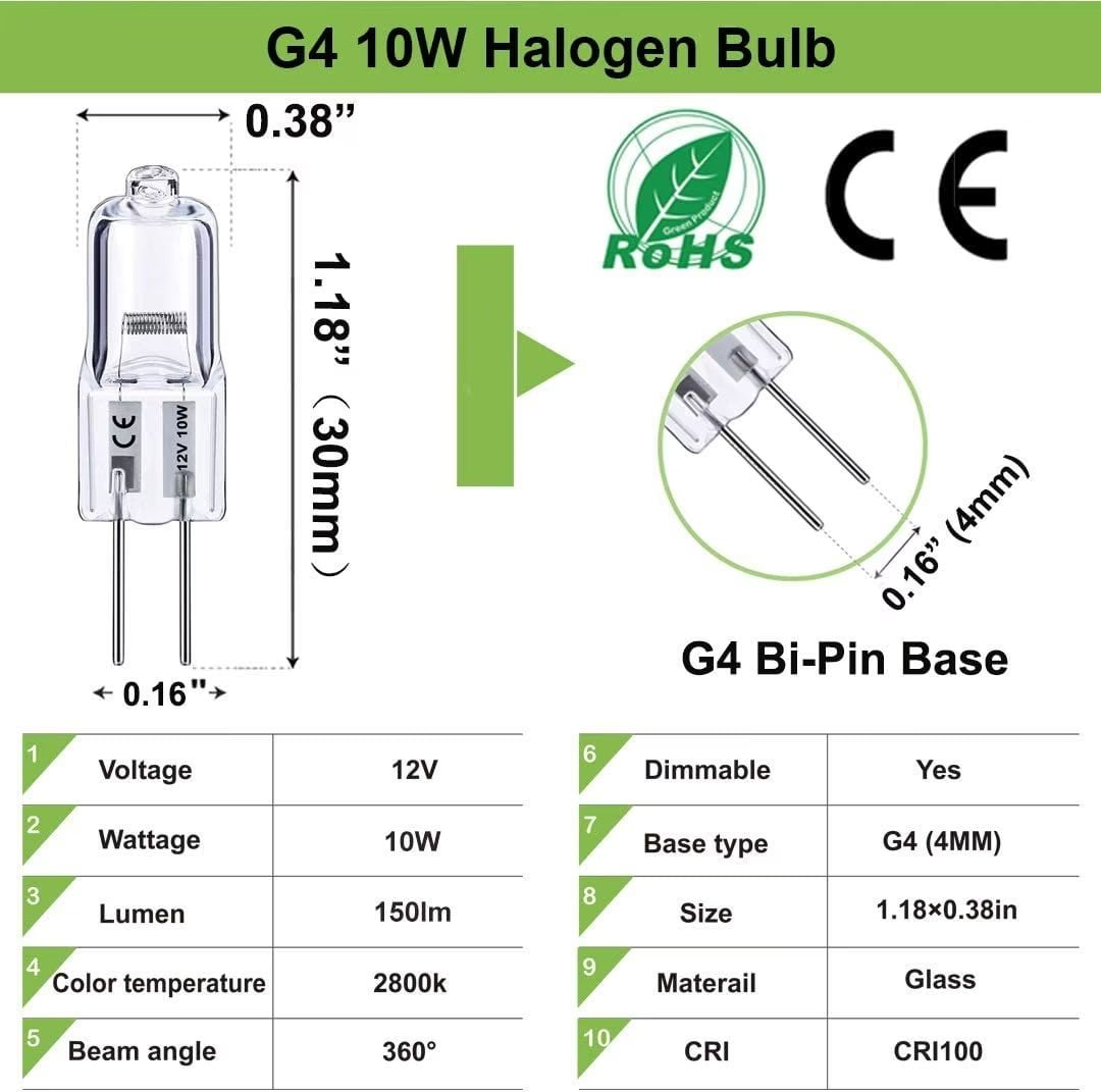 H&Z GU4 Halogen 10W Bulbs, 10 Pack 12V 10W with 2800k Soft White, Bi-Pin  Base Dimmable for Cabinet Light 