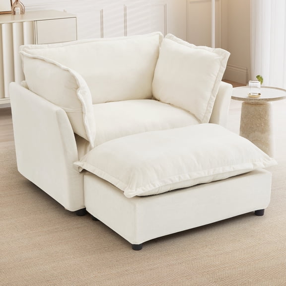 Modern Armchair Sofa 47" Cozy Upholstered Sofa Chair with Movable Ottoman, Wide Seat, Curved Armrests and Soft Pillows for Living Room, Bedroom,Green