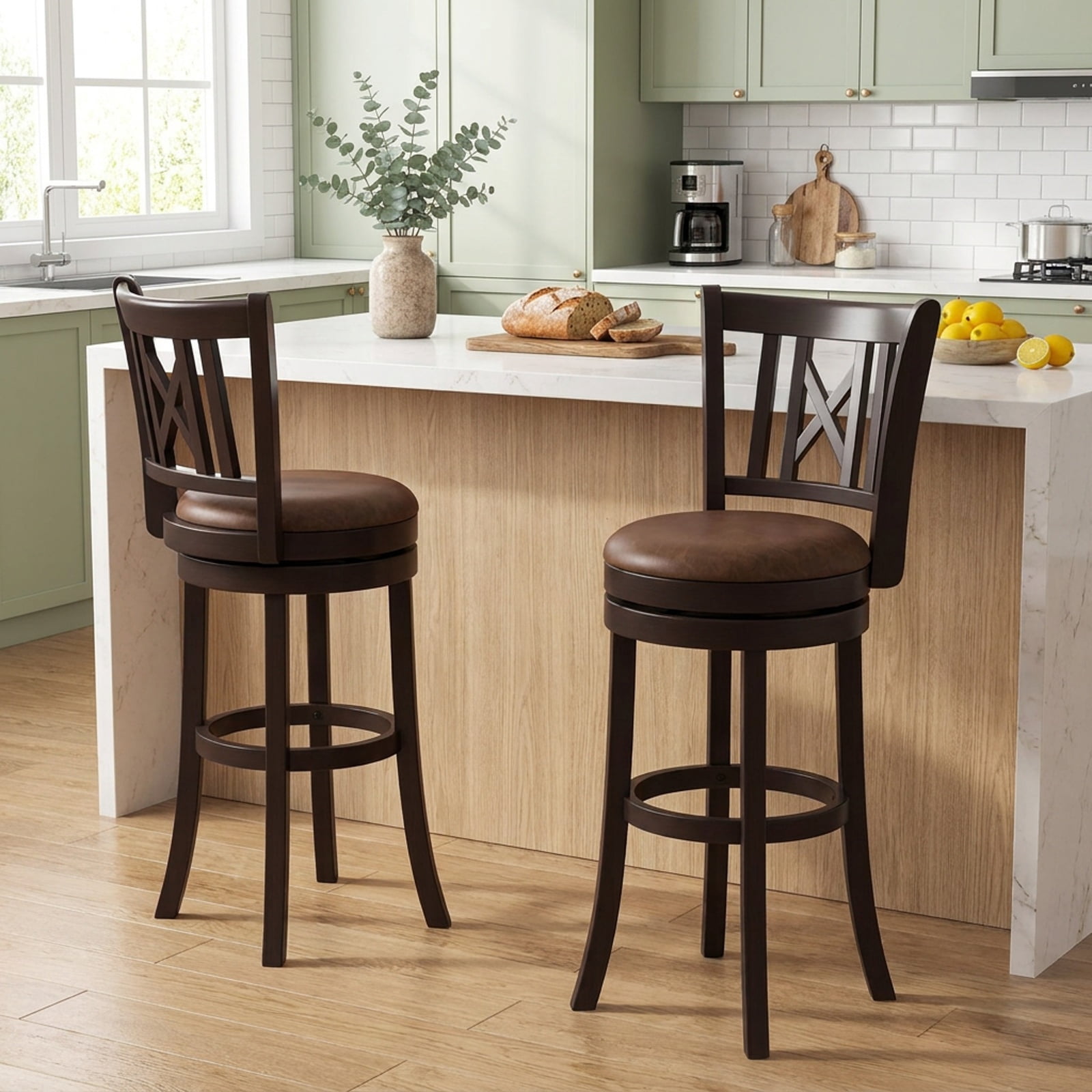 Furnibear Set of 2 Bar Stools Swivel Bar Chairs with Footrest and Hollowed Backrest-30 inches for Kitchen Island Counter Bar Pub Dining Home, Coffee