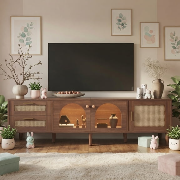 Rattan TV Stand for 80" TV, Media Console w/ LED Lights, Storage Cabinets & Drawers, Entertainment Center, Dark Brown