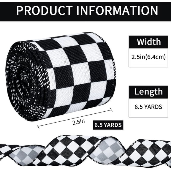 2.5 Inch Black and White Wired Edge Ribbon, Plaid Check Burlap Ribbon for Gift Wrapping, Wreath Bows Making, Crafts Home Party Halloween Christmas Tree Decoration(Check,6yds) Black-checked -