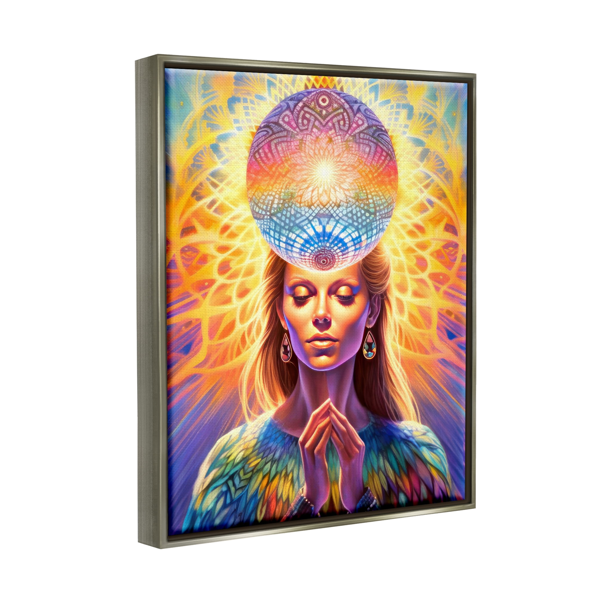 Stupell Industries Chakra Woman Fractals Abstract Painting Gray Floater Framed Canvas Art Print Wall Art, 25 x 31