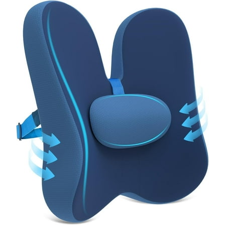 Lumbar Support Pillow Office Chair and Car Seat Back Support, Ergonomic Back Cushion Promotes Back Pain Relief - Memory Foam with Adjustable Strap and Small Support Cushion - Blue