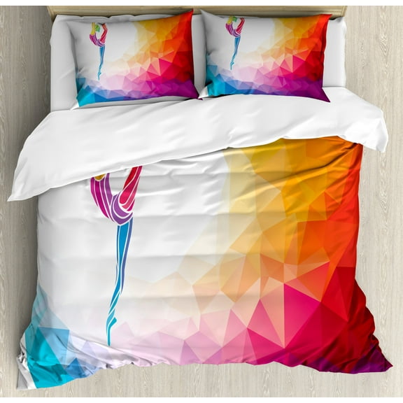Gymnastics Duvet Cover Set Queen Size, Polygonal Pattern with Colorful Girl Design Acrobatic Composition Active Life, Decorative 3 Piece Bedding Set with 2 Pillow Shams, Multicolor, by Ambesonne