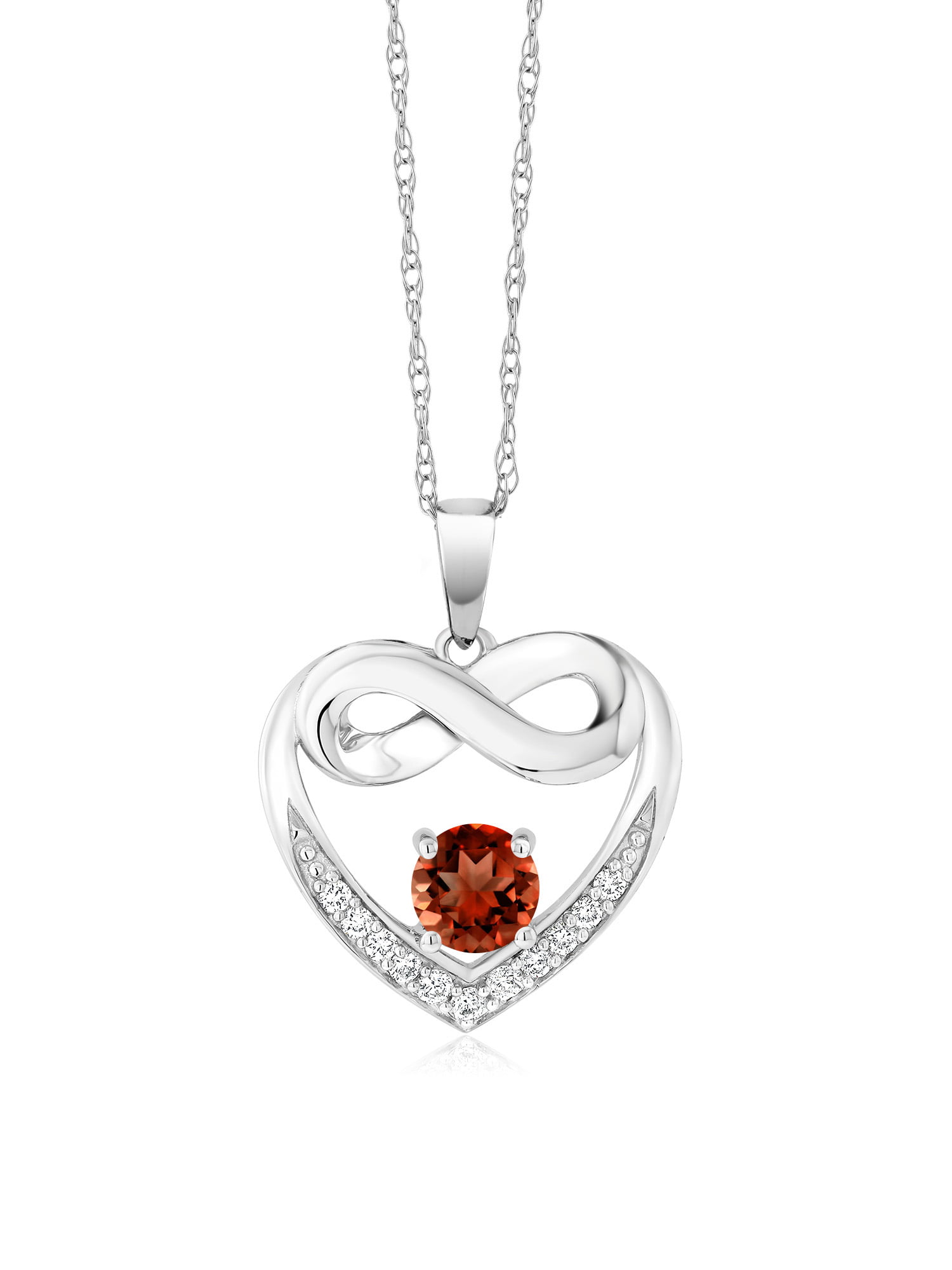 1.42 Ct Round Red Garnet G/H Lab Grown Diamond 10K White Gold Heart and Infinity Necklace