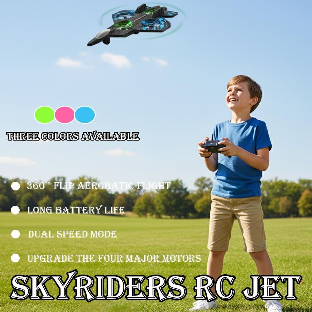 2026 Remote Control Fighter Jet – Skyriders RC Stunt Plane with 360° Flips, LED Lights & Rechargeable Battery, Foam Airplane Drone for Adults & Enthusiasts Blue