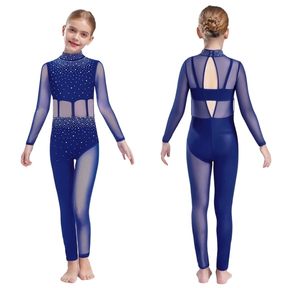 Aislor Gymnastics Jumpsuit for Girls Skating Bodysuit Figure Skating Leotard Sparkly Catsuit Full Body Dance Unitard Navy Blue 12