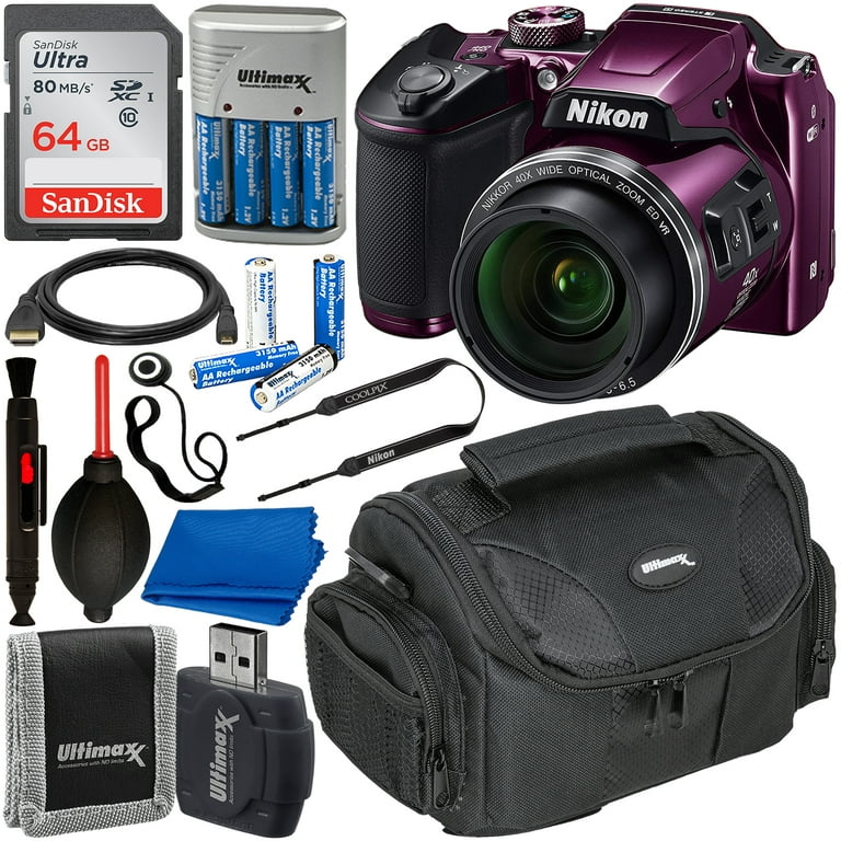 Nikon COOLPIX B500 Digital Camera (Plum) with Starter Accessory Bundle –  Includes: SanDisk Ultra 64GB SDXC Memory Card, Rechargeable Batteries  (8-AA)