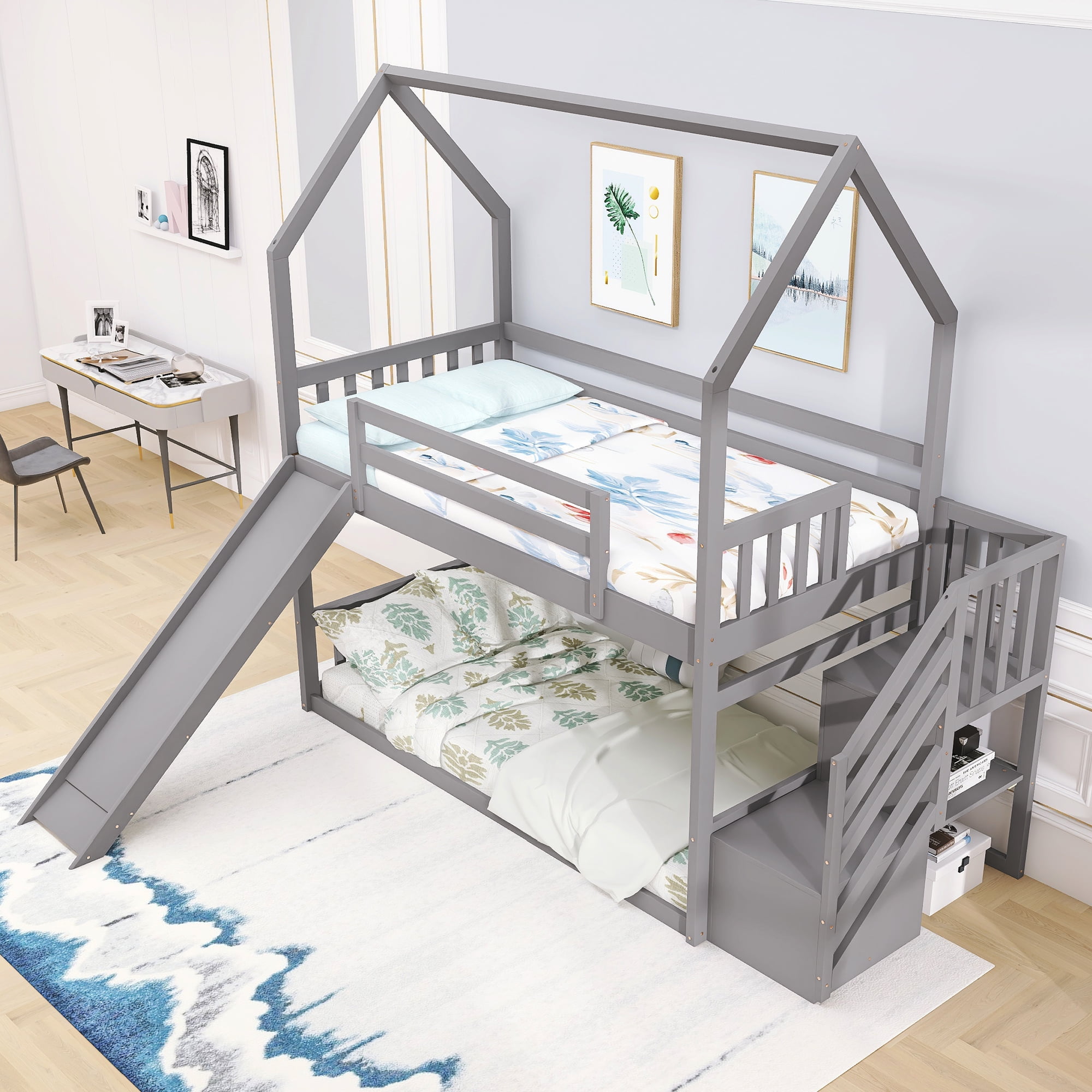 EUROCO Twin House Bunk Bed with Staircase for Kids Teens Bedroom, Solid Wood Bunk Bed with Storage, Gray