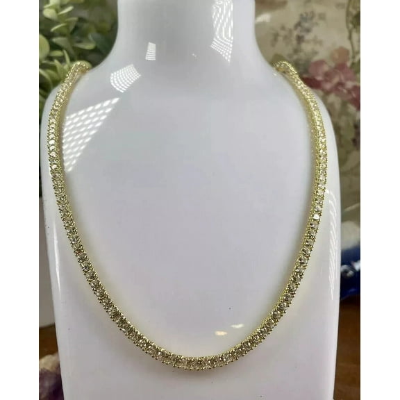 15Ct Round Cut Real Moissanite Men's Tennis Necklace 14k Yellow Gold Finish