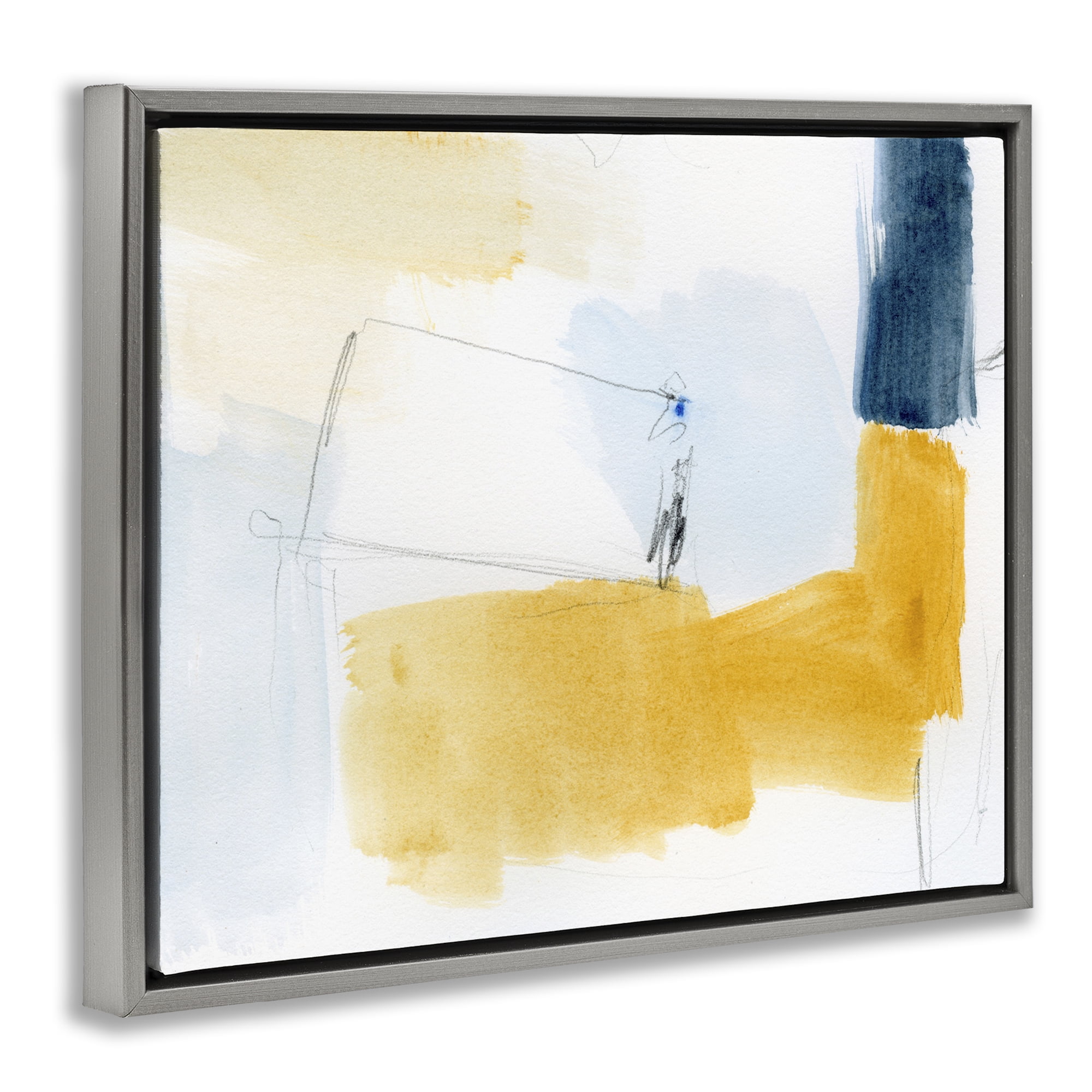 Stupell Industries Yellow & Blue Abstract Abstract Painting Gray Floater Framed Canvas Art Print Wall Art, 31 x 25