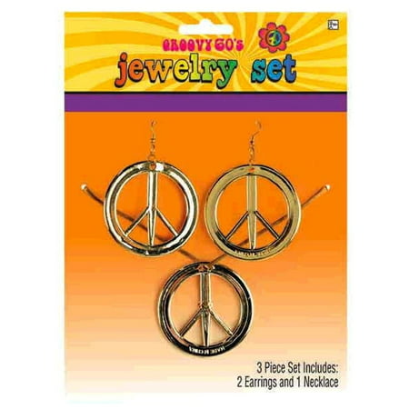 Peace Sign Medallion Necklace and Earrings Set Groovy 60s Hippie