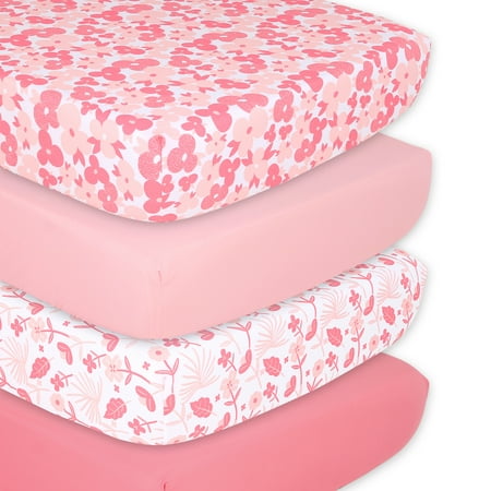 UPC: 0841297181115 | The Peanutshell Fitted Crib Sheet for Girls 4 Pack Set Pink Floral Punch