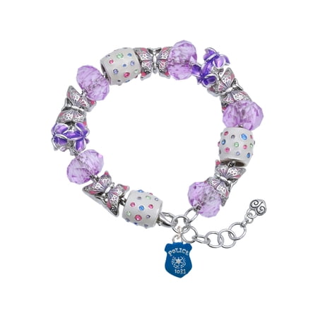Delight Jewelry Silvertone Blue Policeman's Badge Purple Butterfly Bead Charm Bracelet, 7"+1" Extender