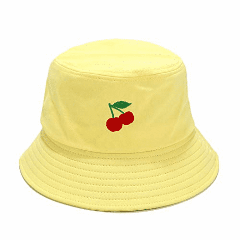 Funny Embroidered Bucket Hat Cute Pattern Fisherman Cap Packable Sun Hats  for Women, Men---Cherry Yellow 