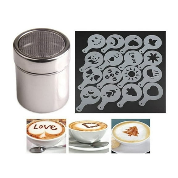 16-Piece Coffee Stencil Set with Stainless Steel Powder Shakers – Professional Barista Tools for Latte, Cappuccino & Cupcake Decoration TIKA