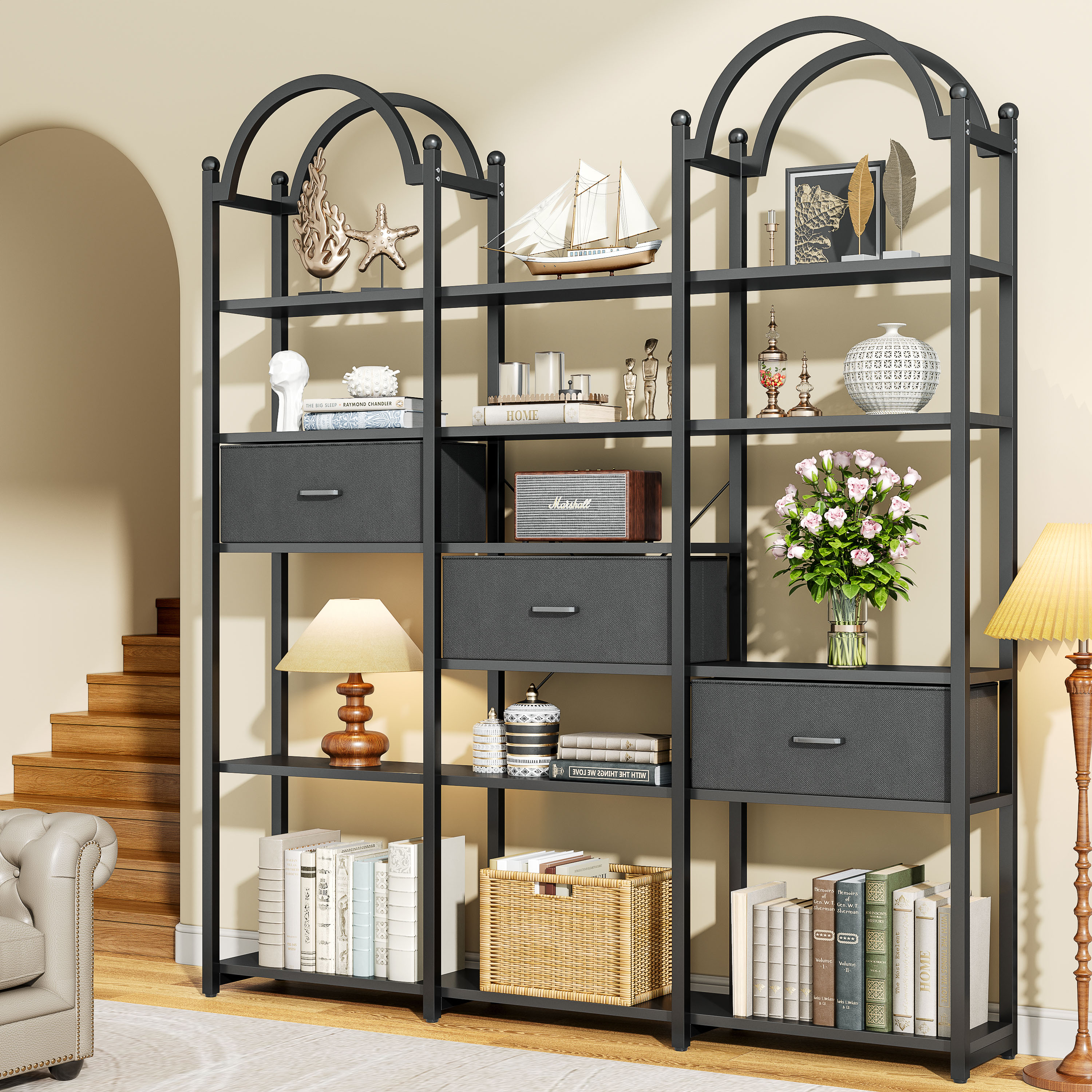 Modfurne 83.5" Tall Arched Bookshelf, Triple Wide 6-Tier Large Open Book Shelf Etagere Bookcase with Display Shelf and Metal Frame for Living Room, Black