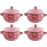 Servette Home Pink Polka Dot Soup Ceramic Bowls with Lids and Handles - Set of 4