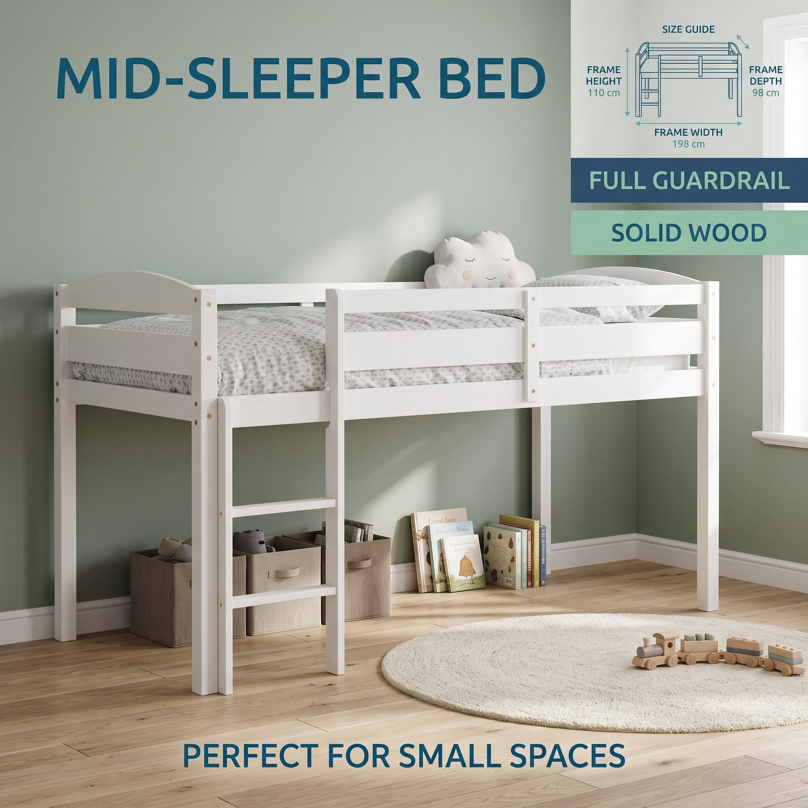 Furnibear Twin Low Loft Bed with Guardrail and Ladder Solid Wood Frame with Open Under-bed Storage Space for Kids, White