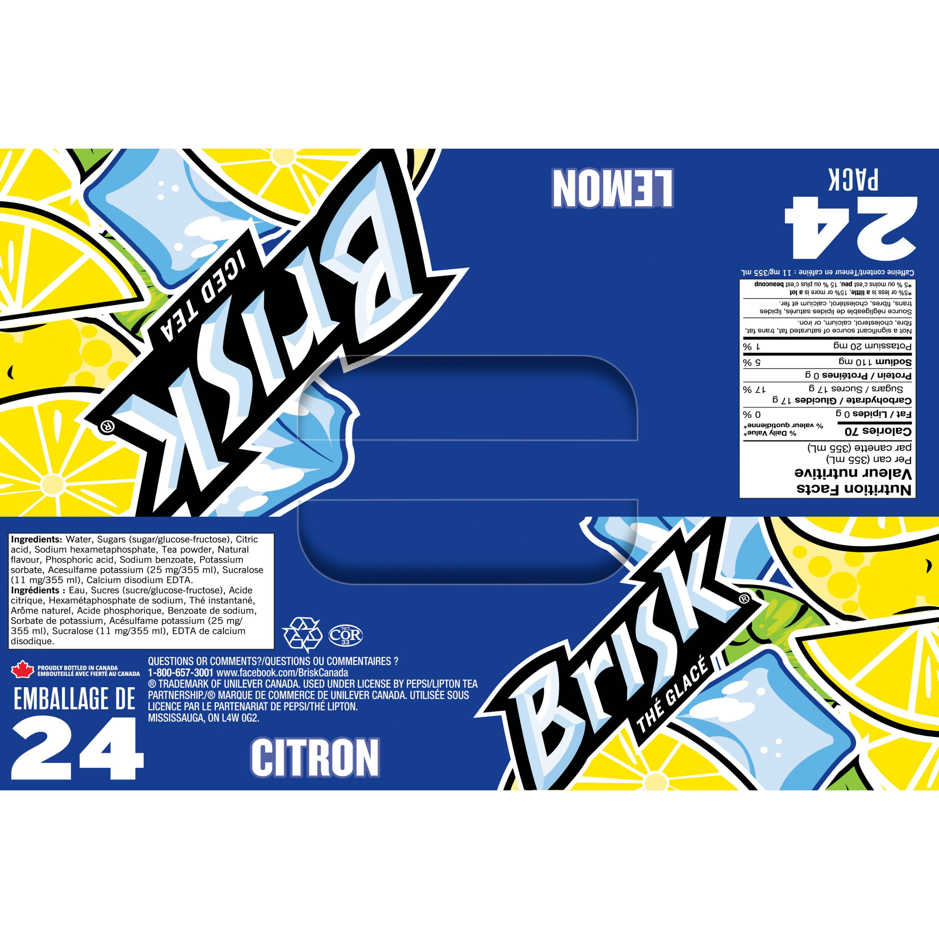 Le thé glacé au citron Brisk, 24 x 355 mL, canettes. 24x355mL