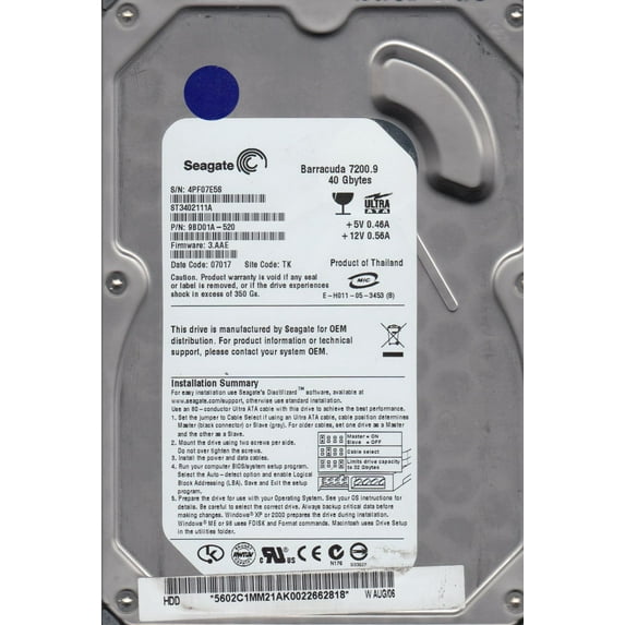ST3402111A, 4PF, TK, PN 9BD01A-520, FW 3.AAE, Seagate 40GB IDE 3.5 Hard Drive