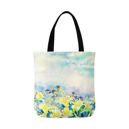 ASHLEIGH Watercolor Landscape Painting Colorful Bouquet Lilly Flowers and Birds Canvas Tote Canvas Shoulder Bag Resuable Grocery Bags Shopping Bags for Women Men