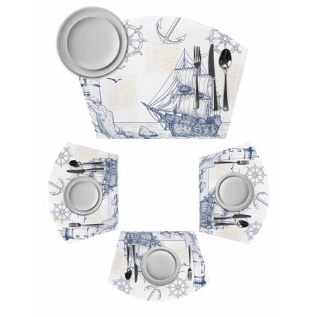 Nautical Ship Lighthouse Round Placemats Set of 2, Ocean Anchor Rudder Lines Art Placemats for Round Dining Table Shape Wedge Placemats for Outdoor Indoor Wipeable Clean Table Place Mats