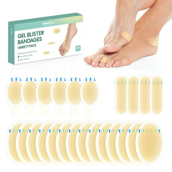 Welnove Gel Blister Bandage - 24 PCS Hydrocolloid Bandages for Prevention & Recovery, Blister Cushions for Heel, Toes & Foot, Blister Bandages for High Heels, Sandals, Wedding, Party (Variety Pack)