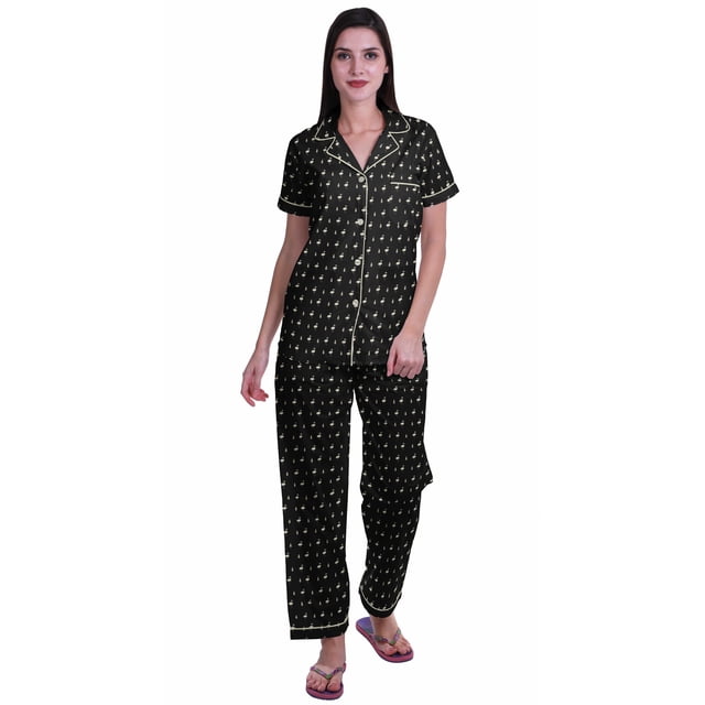 Moomaya Pyjama pour Femmes Ensemble de Pj Chemise de Pyjama en Coton Imprimé à Boutons Tenue de Nuit
