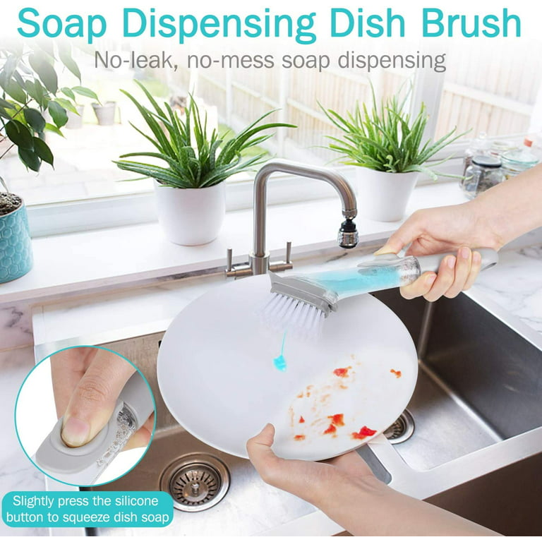 Soap Dispensing Dish Brush, Kitchen Scrub Brush for Pans Pots Sink - with 1  Handle and 3 Brush Heads, Clear/Gray 