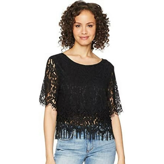 Romeo and Juliet Couture BLACK Women's Lace and Fringe Top, US Medium