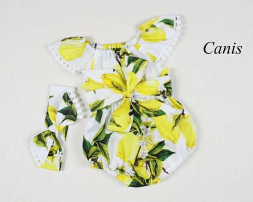 2Pcs Newborn Baby Girls Lemon Romper+Headband Bow Bodysuit Sunsuit Outfit Summer