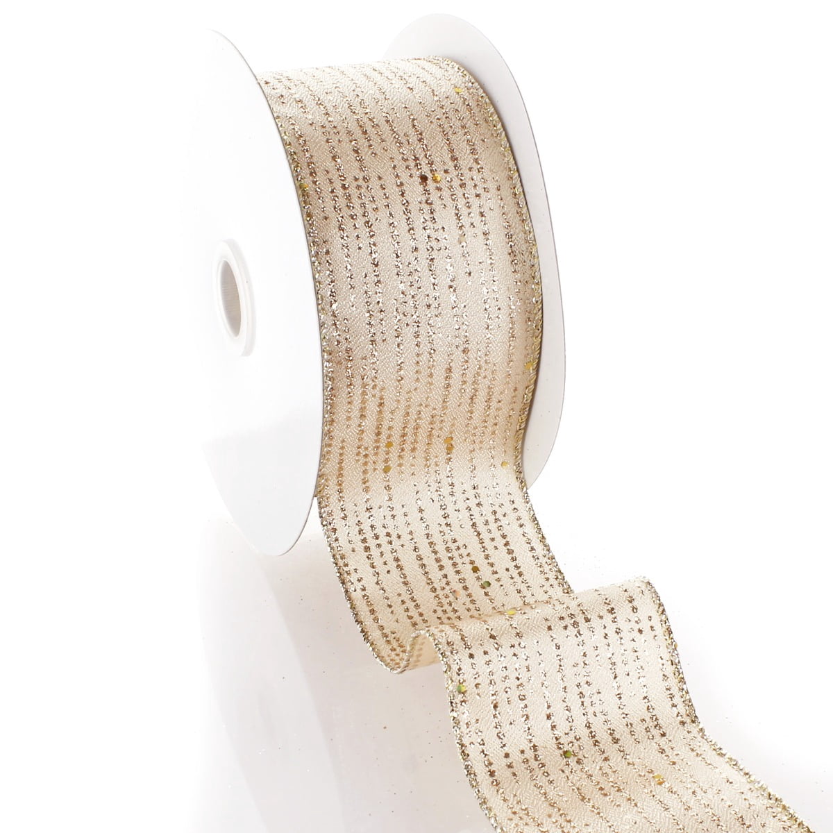 Ribbon Traditions Horizontal Glitter / Sequin Stripes Solid Wired Ribbon 2 1/2 Inch by 25 Yards - Champagne