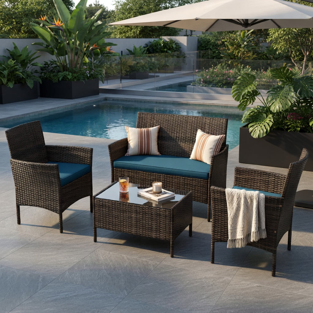 Hommoo 4-Piece Outdoor Rattan Patio Conversation Set with Plush Seat Cushions, PE Wicker, Tempered Glass Coffee Table, Peacock Blue