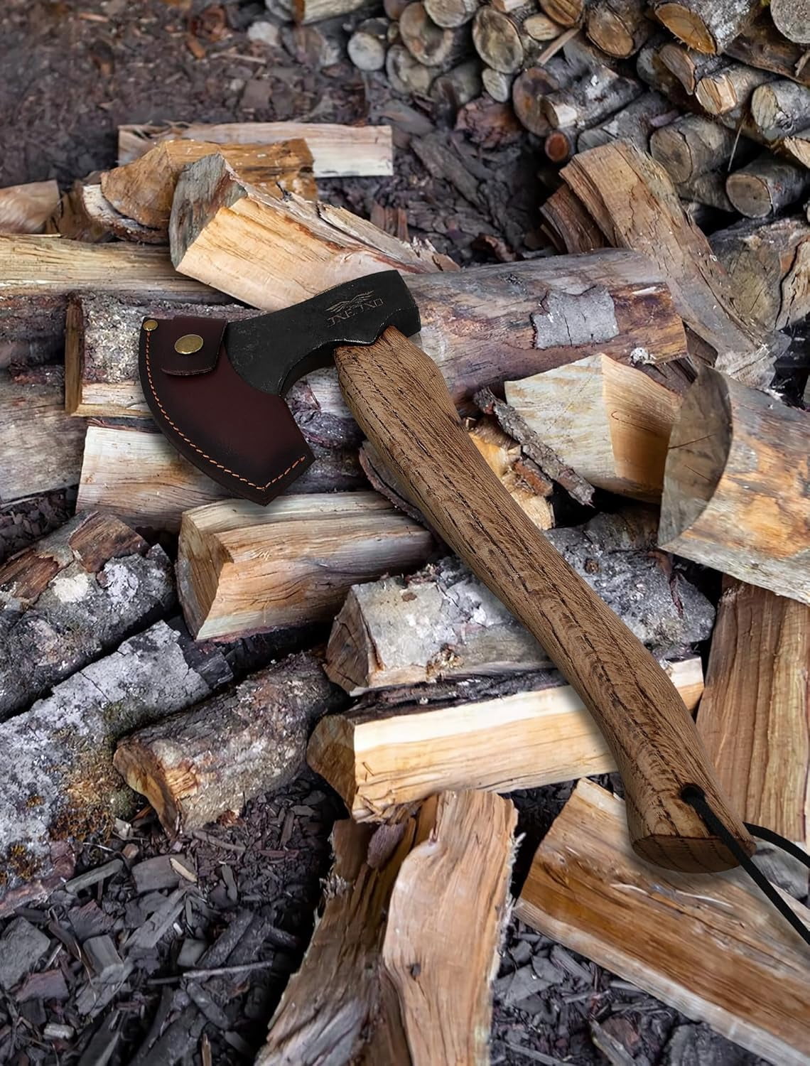 JXE JXO 14.5" Camping Hatchet with 1065 High Manganese Steel Head and Hickory Handle, Bushcraft Axe for Wood Chopping, Includes Leather Sheath