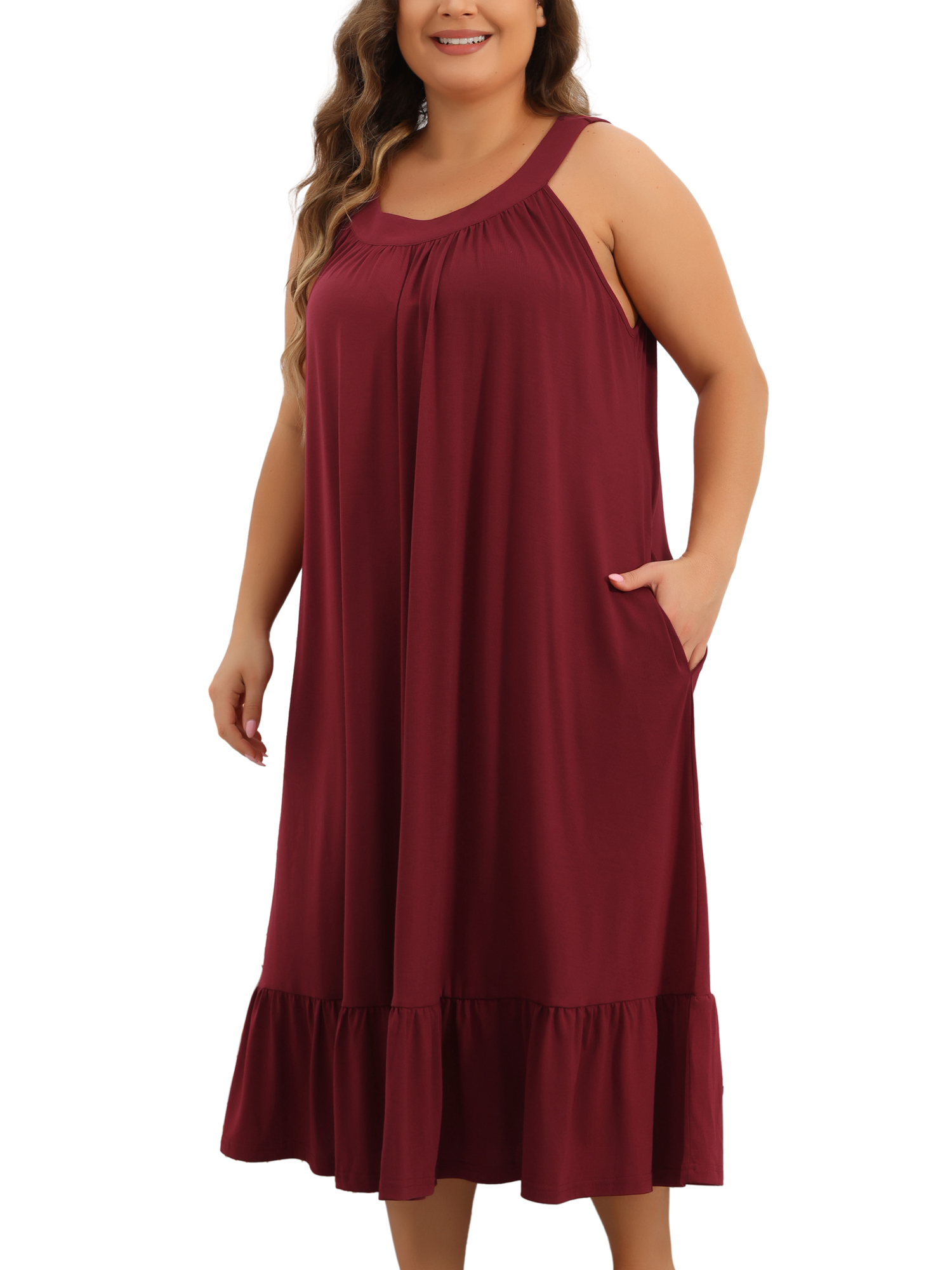 DARING DIVA Women's Plus Size Sleeveless Nightgown with Pockets 4X Wine Red