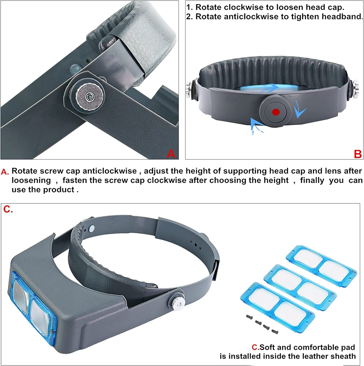 Headband Magnifier,Double Lens Head Mounted Reading Magnifier,Jewelry Visor Opitcal Glass Binocular Magnifier
