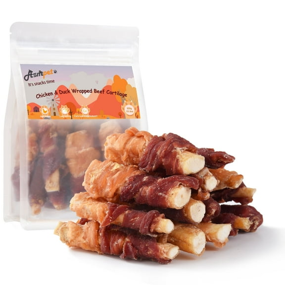 ASMPET Chicken Wrapped Beef Cartilage with Duck Dog Treats, High Calcium Chewy Dog Soft Bone for Small, Medium, Large Dogs (10.6oz, No Rawhide)