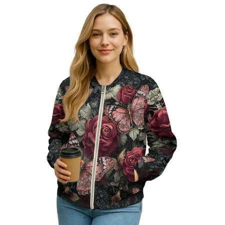 DISNIMO Butterfly Rose Printed Sweatshirts for Women Trendy Fall Winter Jackets Zipper Outwear Long Sleeve Sweatshirts with Pockets S